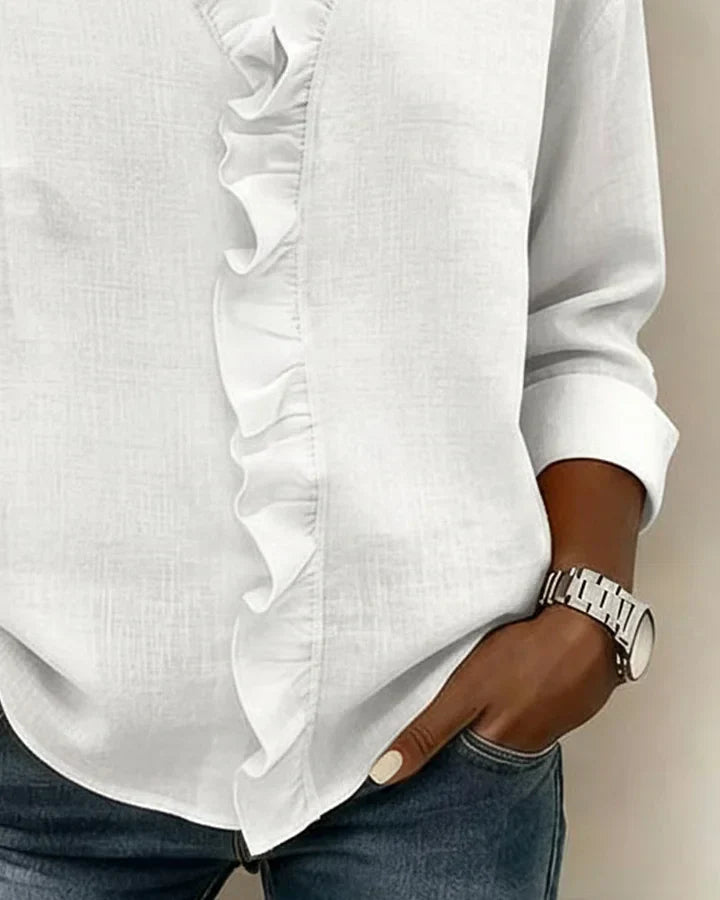 Casual chic dames top met ruche V-hals, lange mouwen. Elegante modieuze blouse voor dames.