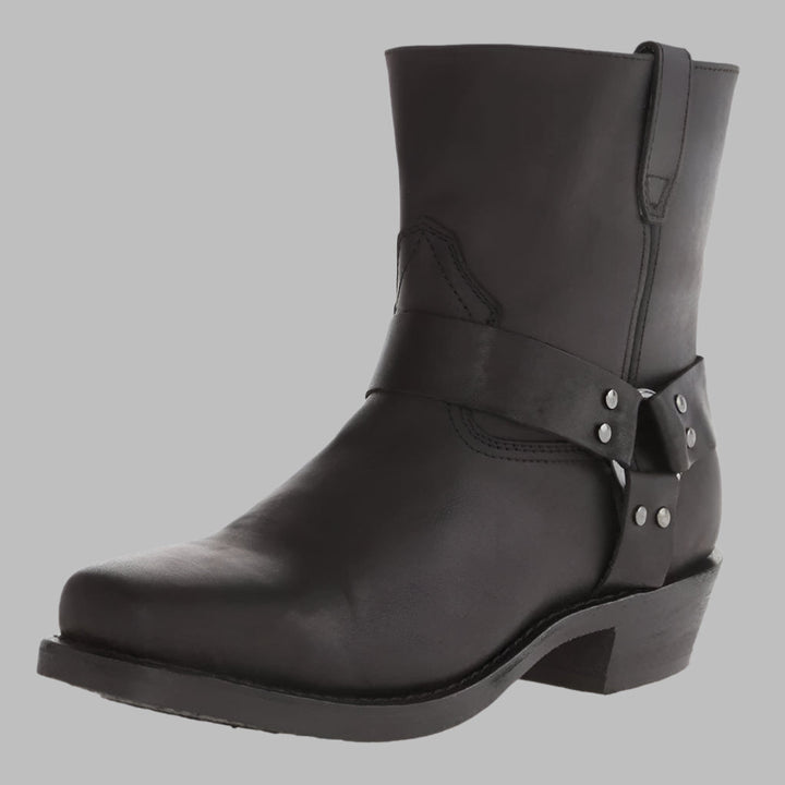 Zwarte leren heren enkellaarzen in vintage western stijl, perfect voor casual mode. Comfortabele en stoere cowboy schoenen.