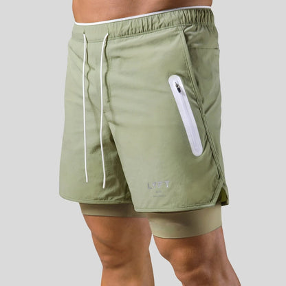 "Mauro 2-in-1 sportbroek heren, zwart, shorts met ingebouwde compressielegging, functionele zakken, elastische tailleband."
