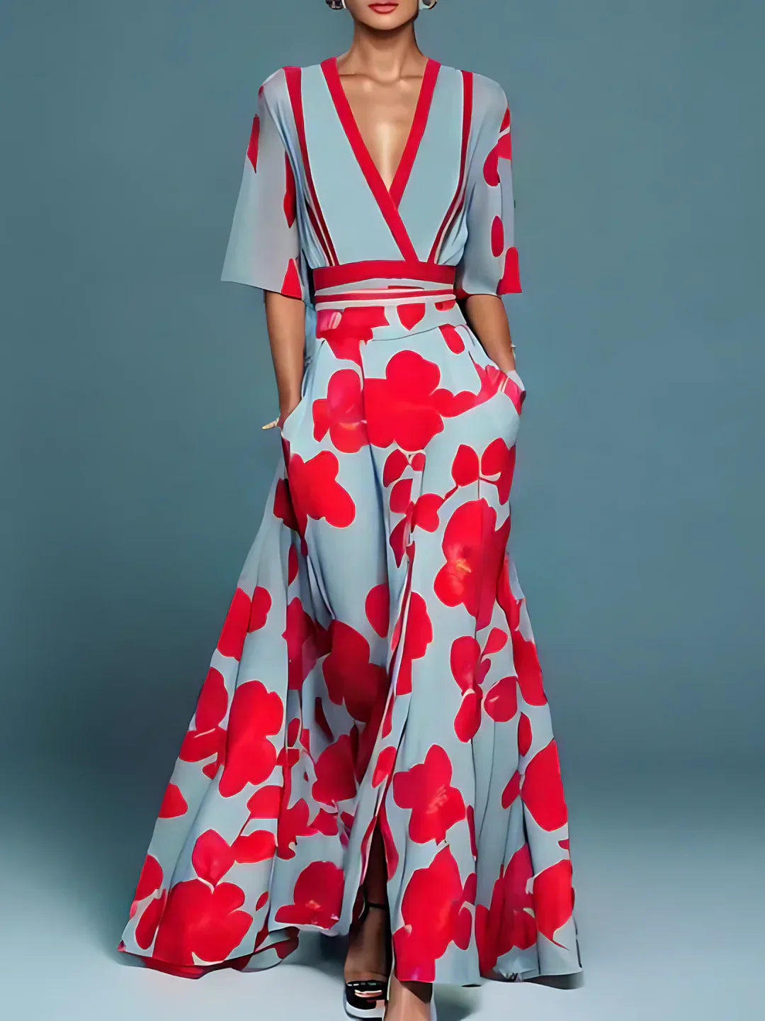 "Maxi jurk met bloemenprint, A-lijn, V-hals, perfecte look voor speciale gelegenheden, stijlvol en vrouwelijk ontwerp."