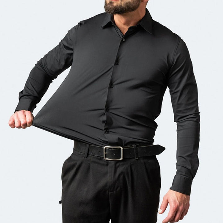 Stijlvol elastisch heren overhemd met nette kraag en manchetten, perfect voor zakelijke mode.