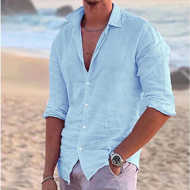 Zomers heren linnen shirt lange mouwen, casual en ademend, ideaal voor een relaxte en stijlvolle look.