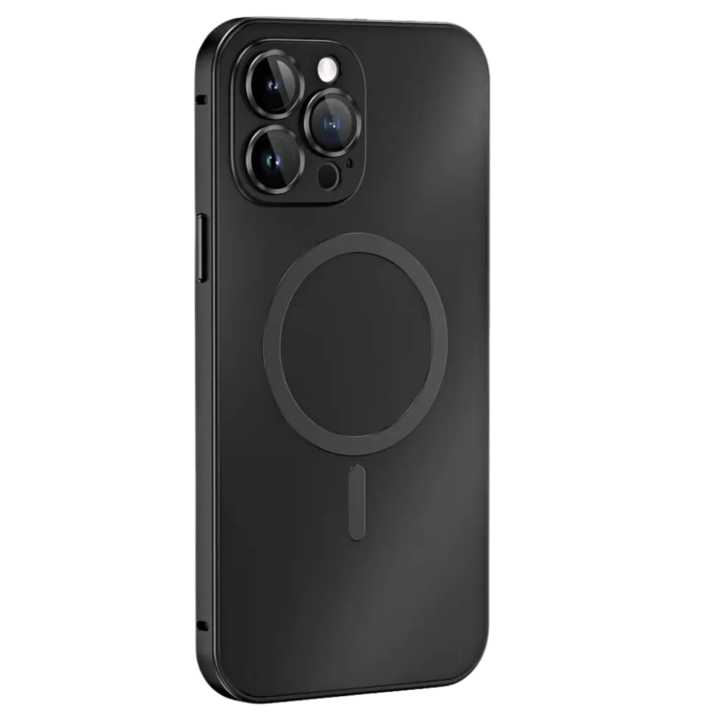 Elegant iPhone hoesje, magnetisch en modern, met verhoogde randen voor extra camera bescherming.