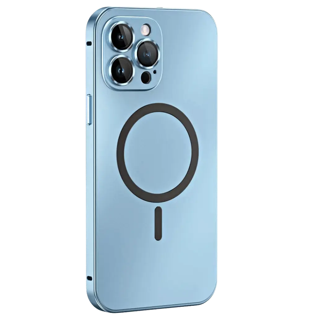 Minimalistisch magnetisch iPhone hoesje, krasbestendig en schokabsorberend, behoudt slank profiel.