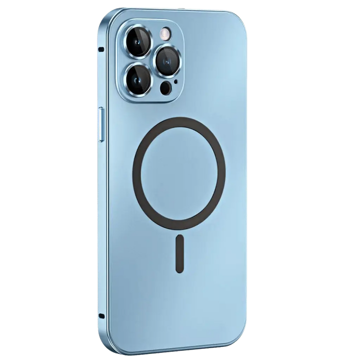 Minimalistisch magnetisch iPhone hoesje, krasbestendig en schokabsorberend, behoudt slank profiel.