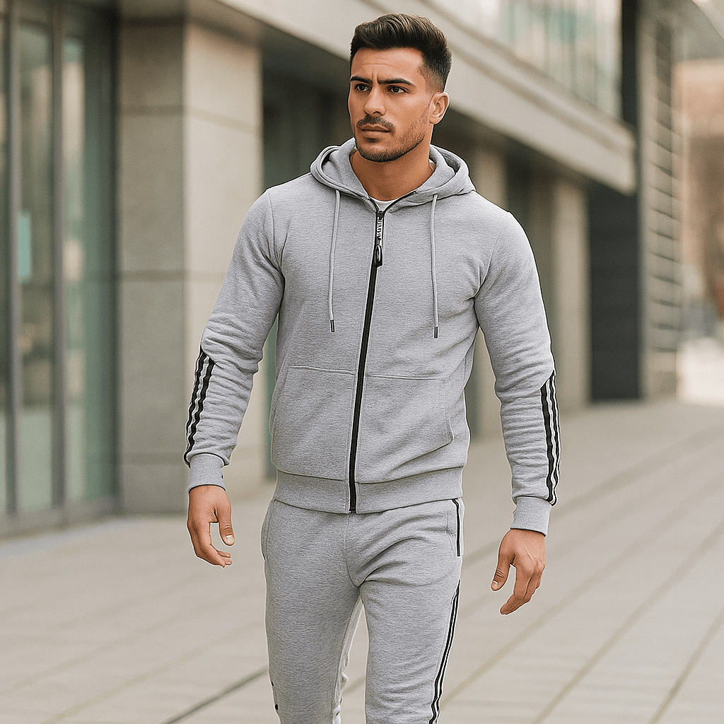 Getailleerd heren activewear sportpak in moderne snit, met capuchon en rits voor een sportieve en comfortabele look.