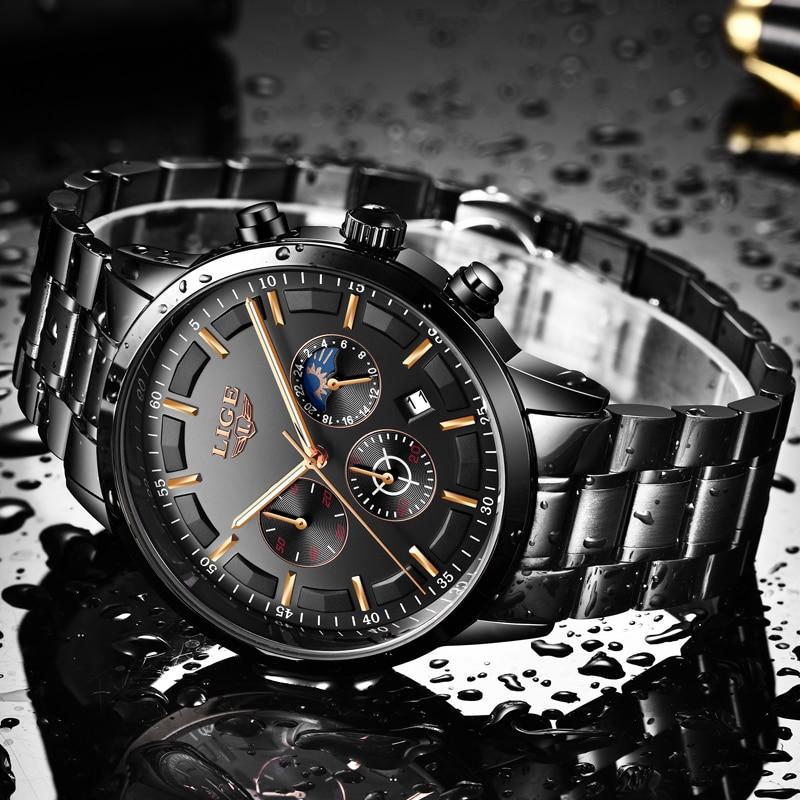 Elegant en duurzaam zwart stalen herenhorloge, waterdicht, met militaire uitstraling, duidelijk tijd- en datumaanduiding.