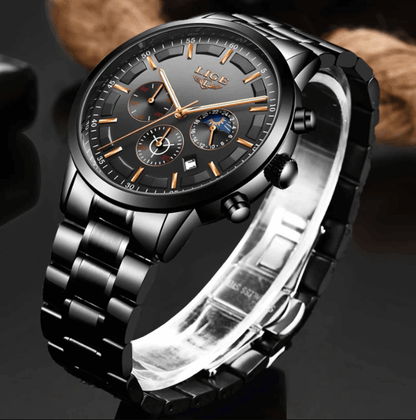 "Militair zwart stalen horloge, waterdicht, met roestvrijstalen band en krasbestendig glas, voor mannen."