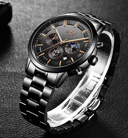 "Militair zwart stalen horloge, waterdicht, met roestvrijstalen band en krasbestendig glas, voor mannen."