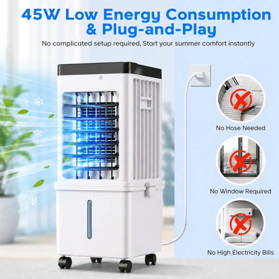 Energiezuinige mobiele verdampingskoeler, perfect voor effectieve en betaalbare huiskoeling met zomercomfort.