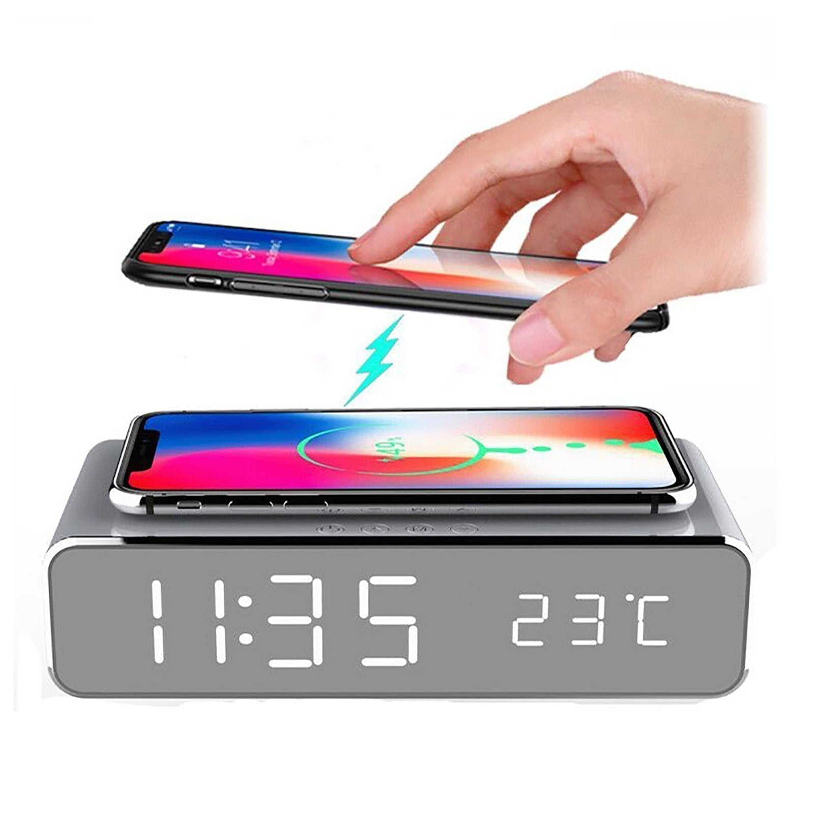 "Modern draadloze oplaadklok met groot LED-display, temperatuurweergave en spiegel, minimalistisch ontwerp voor slaapkamer."