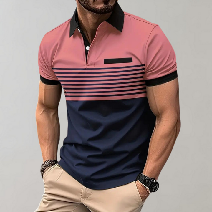 Modern gestreept heren poloshirt voor een trendy casual zomeroutfit, comfortabel en luchtig.