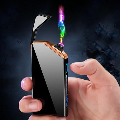 "Modern zwarte elektrische aansteker met plasma-lichtboog, windbestendig en USB-oplaadbaar, veilig zonder gas."