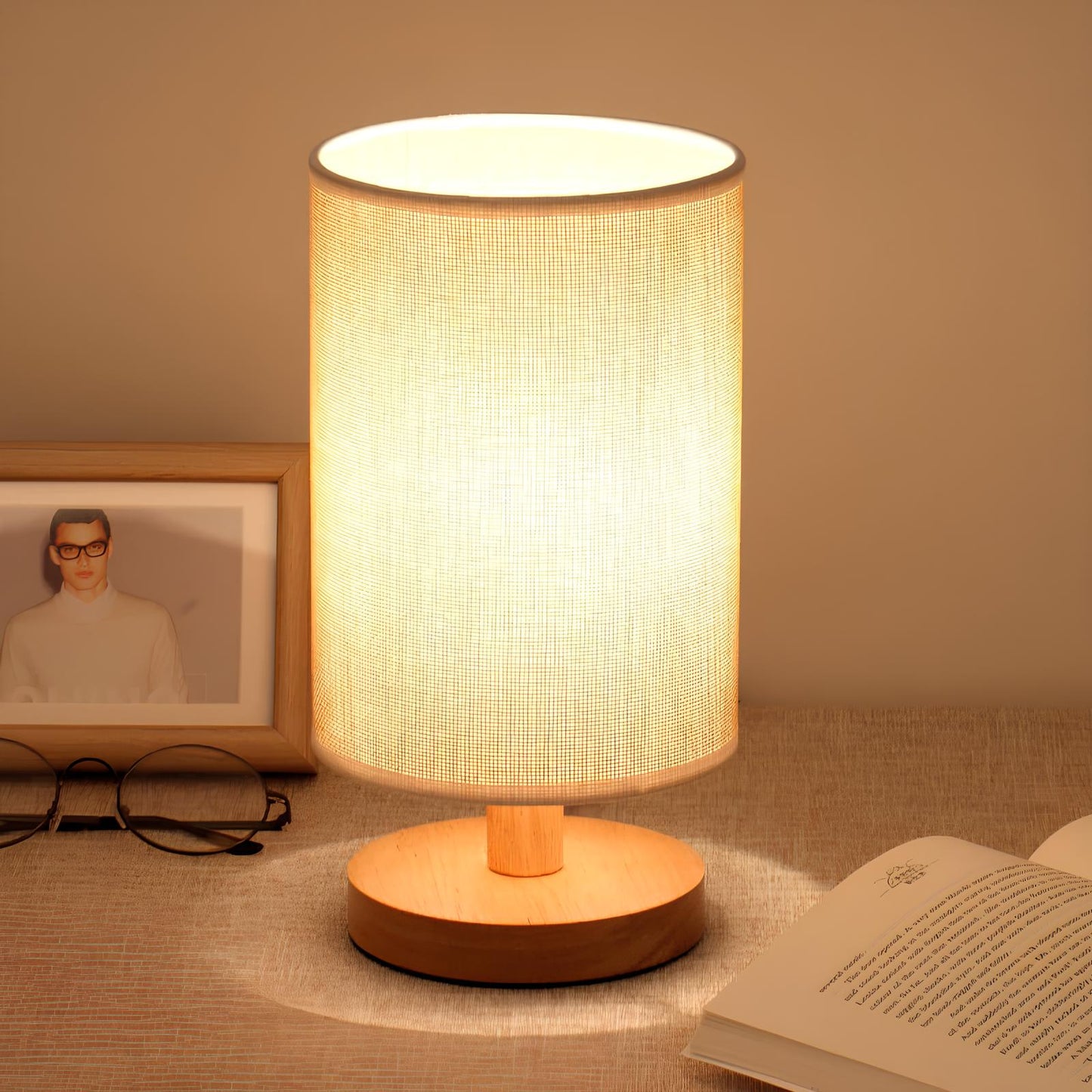 "Moderne houten nachtkastje lamp, tafellamp met dimbaar licht, afstandsbediening, natuurlijke houtlook, USB-aangedreven."