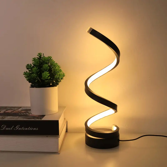 "Moderne spiraalvormige LED tafellamp met dimbare functie, zwart design, ideaal voor sfeervolle en functionele verlichting."