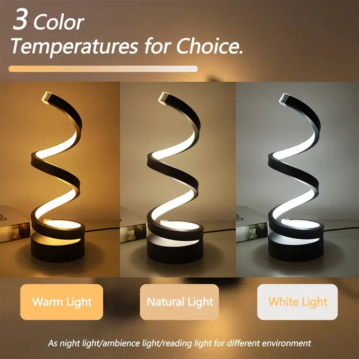 Elegante zwarte spiraal LED tafellamp; modern interieur design, energiezuinig en dimbaar met aanraaksensor.