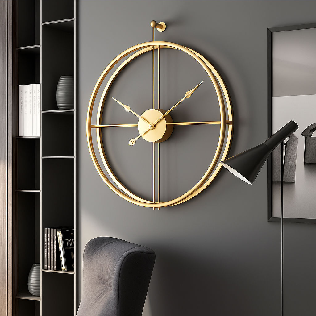 Moderne stille wandklok, elegant zwart en goud design, tijdloze interieurdecoratie.