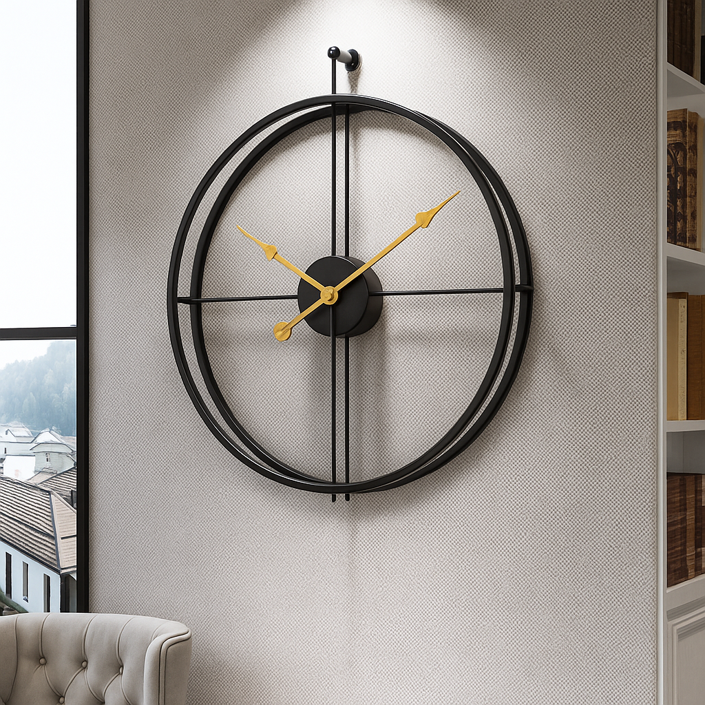 Elegante minimalistische wandklok, zwart met goud, als moderne woonaccessoire. Stille design klok.