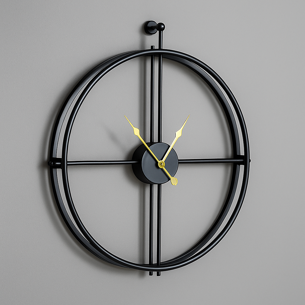 Luxe zwarte wandklok met gouden elementen, modern en stil, verrijkt elke woonruimte.