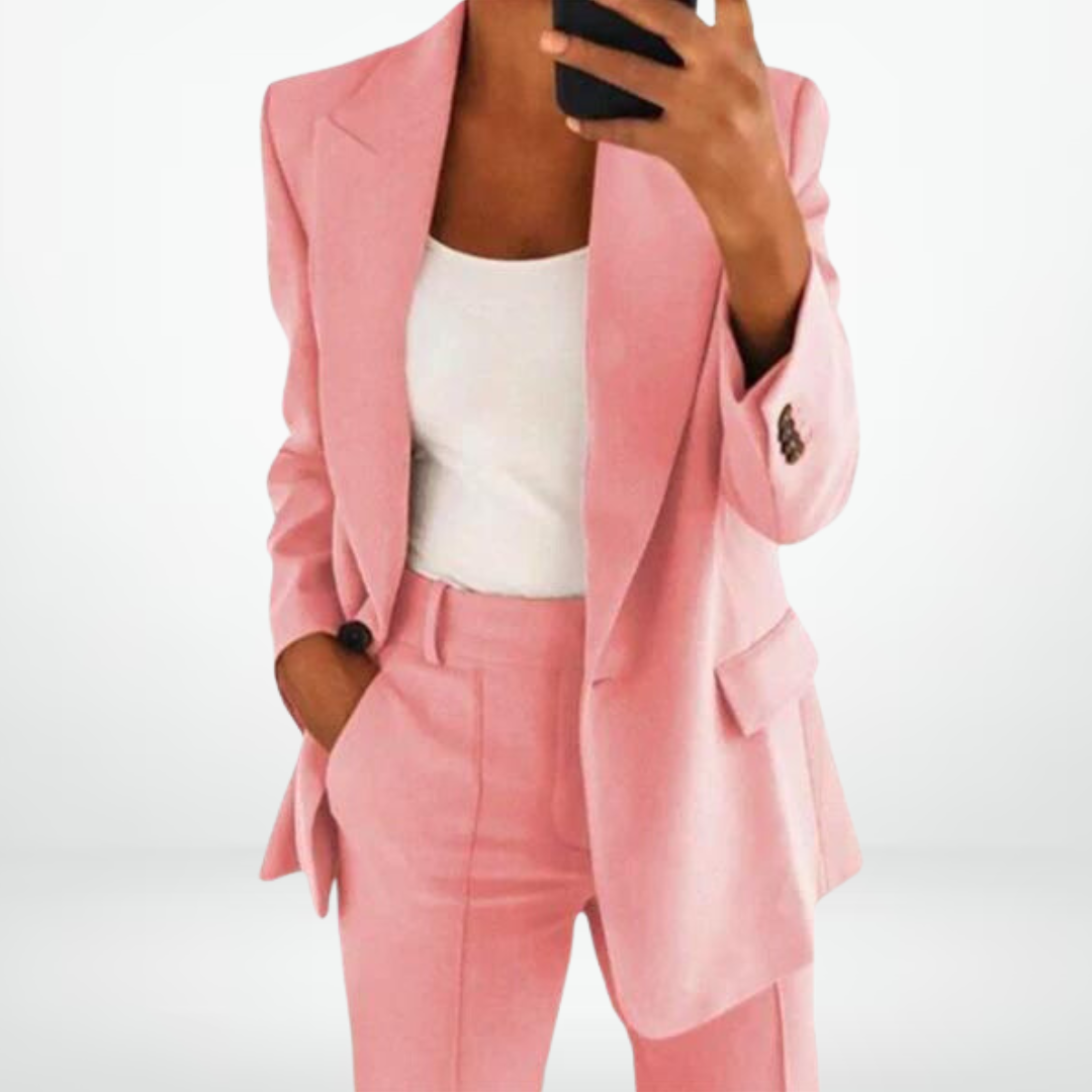 "Modieuze tweedelige dames set met blazer en pantalon, elegante lijnen, beschikbaar in beige, blauw, grijs, khaki, roze, zwar