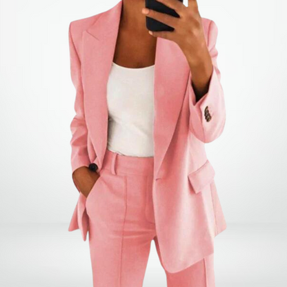 "Modieuze tweedelige dames set met blazer en pantalon, elegante lijnen, beschikbaar in beige, blauw, grijs, khaki, roze, zwar