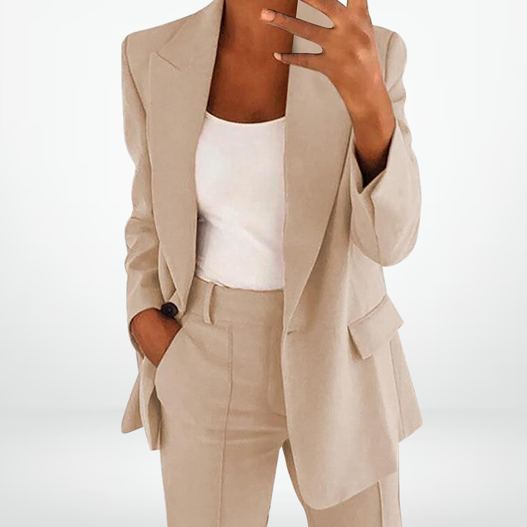"Modieuze tweedelige dames set met blazer en pantalon, elegante lijnen, beschikbaar in beige, blauw, grijs, khaki, roze, zwar