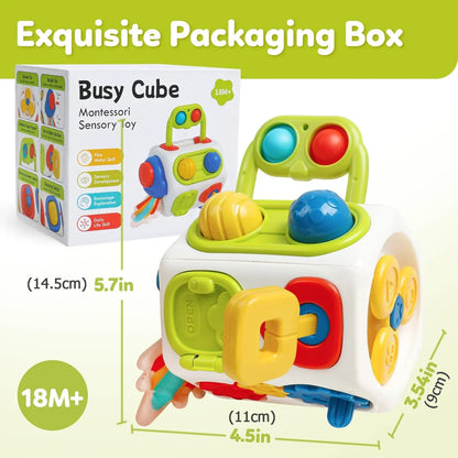 "Montessori Busy Cube speelgoed, compact met kleurrijke vormen, stimuleert zintuigen, ideaal voor kinderen onderweg."