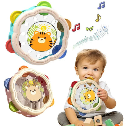 "Montessori muziekinstrument set voor baby's, instrumenten in zachte kleuren, stimuleren creatieve expressie en motoriek."