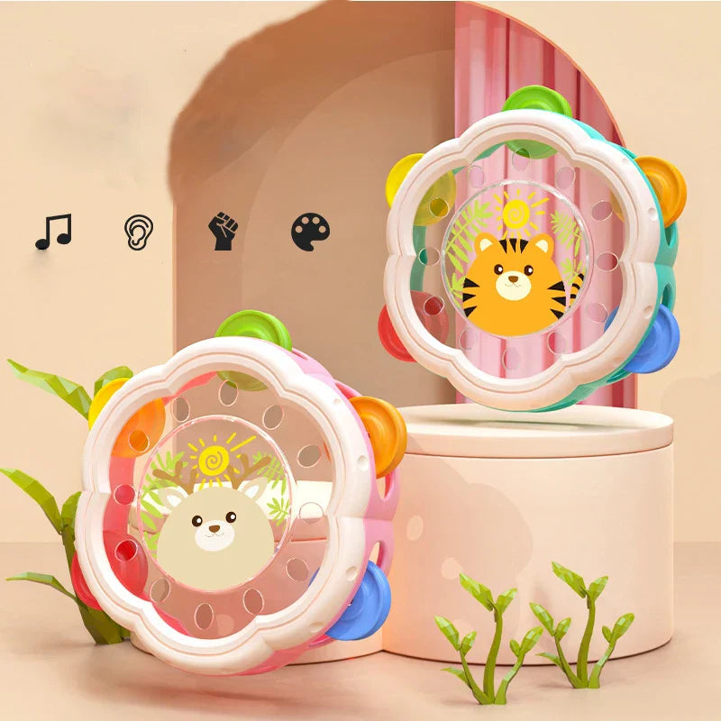 "Montessori muziekinstrument set voor baby's, instrumenten in zachte kleuren, stimuleren creatieve expressie en motoriek."