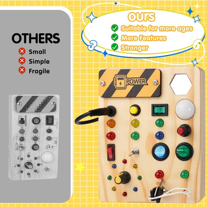 "Montessori Peuter Prikbord met kleurrijke schakelaars en LED-lichten, educatief speelgoed voor creatieve ontwikkeling."