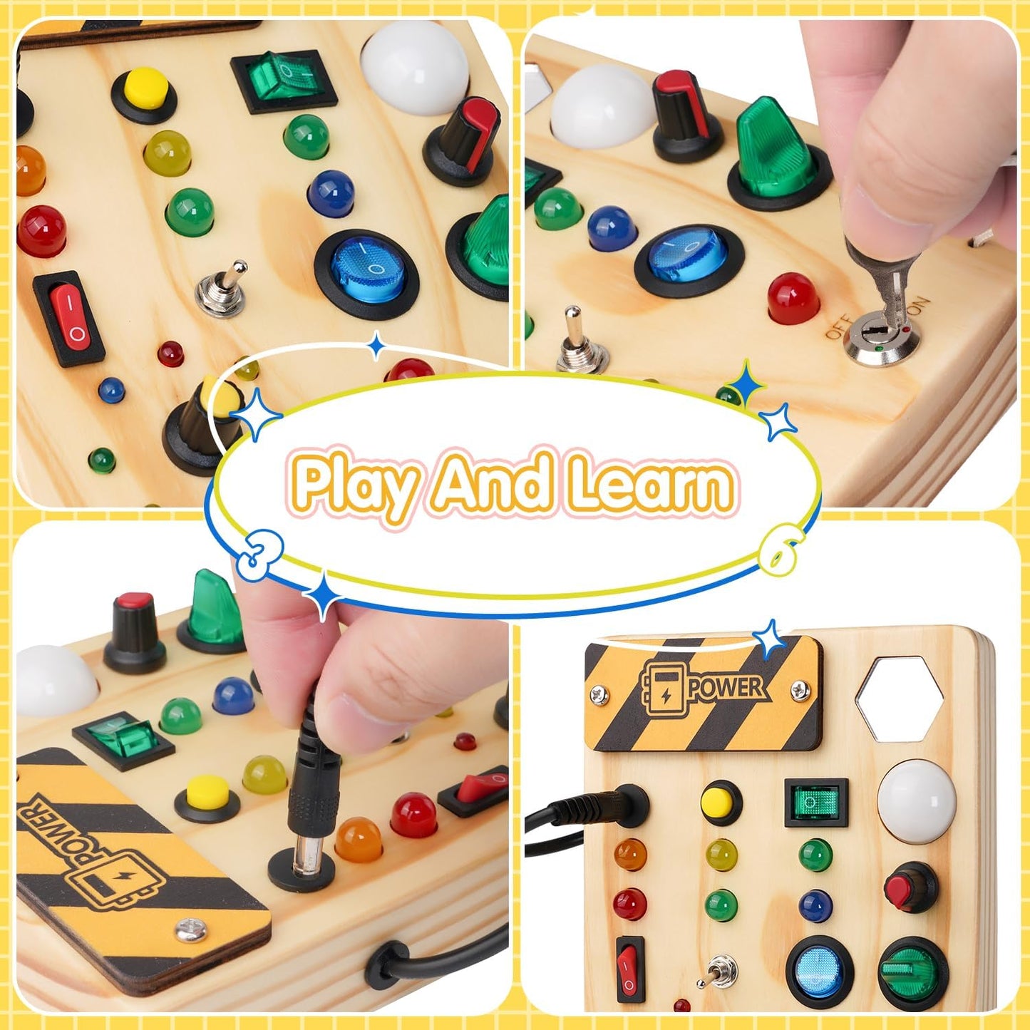 "Montessori Peuter Prikbord met kleurrijke schakelaars en LED-lichten, educatief speelgoed voor creatieve ontwikkeling."