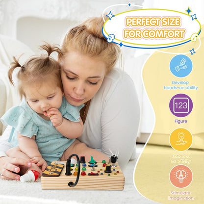 "Montessori Peuter Prikbord met kleurrijke schakelaars en LED-lichten, educatief speelgoed voor creatieve ontwikkeling."