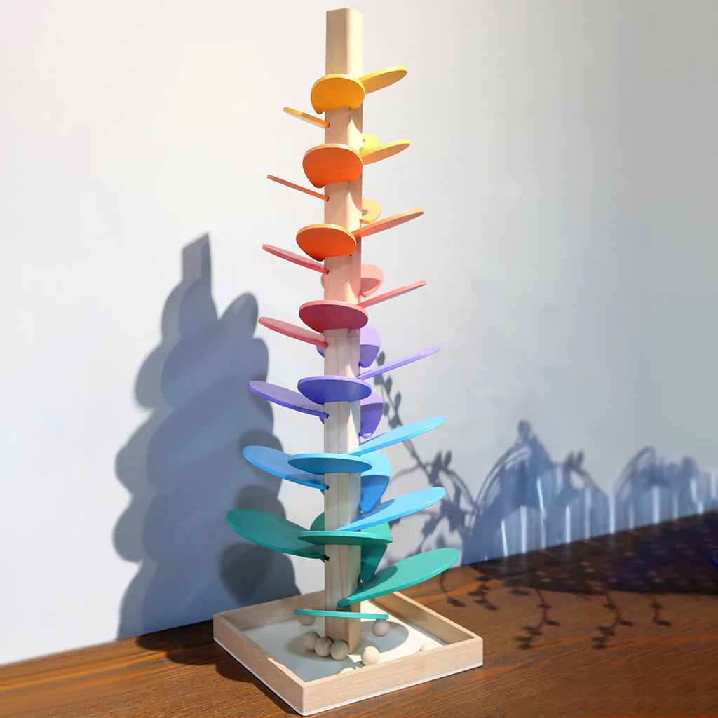 "Montessori Regenboog Knikkerboom: kleurrijke houten toren met knikkers en muziek voor zintuiglijke ontwikkeling kinderen"