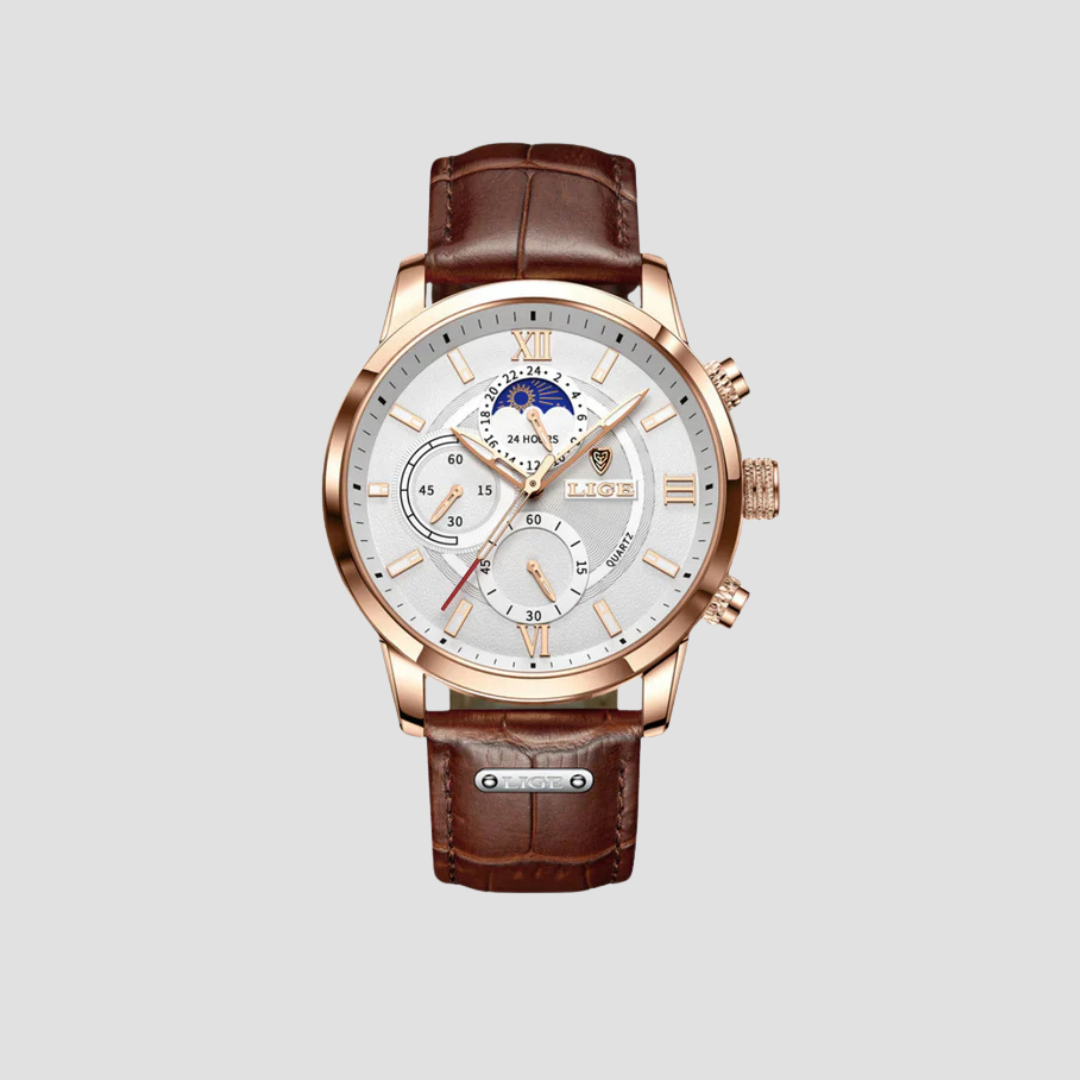 Klassiek Davion herenhorloge met nauwkeurig quartz uurwerk en elegante bruine leren band.