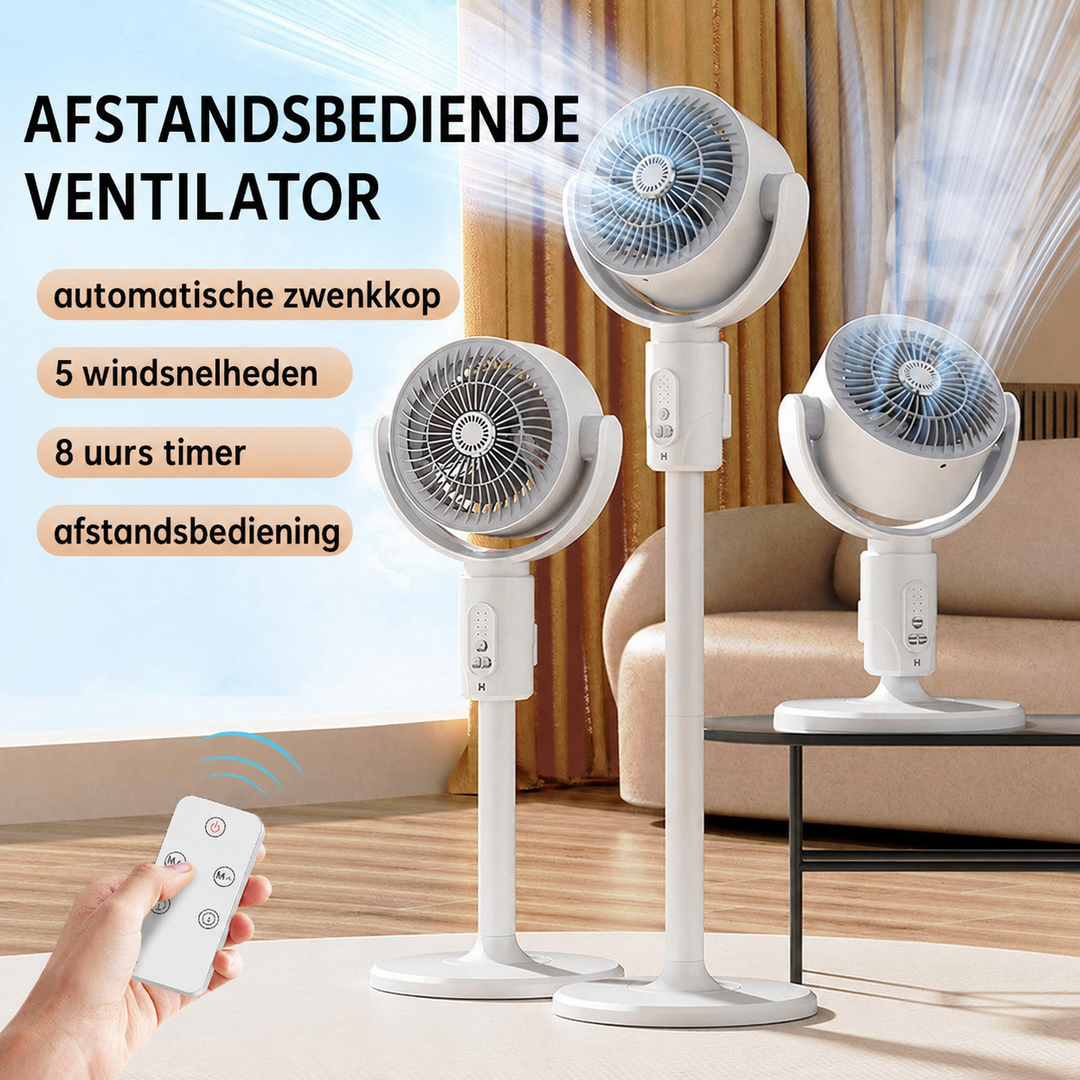 Witte universele staande ventilator (smr260620) met afstandsbediening, stil en krachtig voor effectieve koeling.