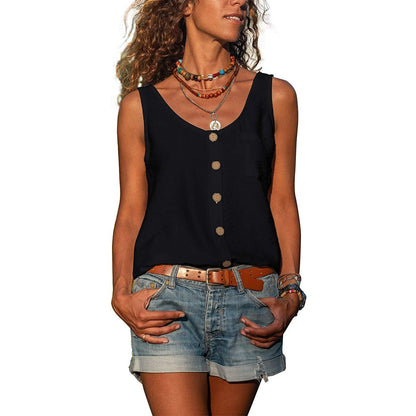 "Mouwloze tanktop met knoopsluiting, perfect voor casual en formele looks, vooraanzicht, elegante uitstraling"