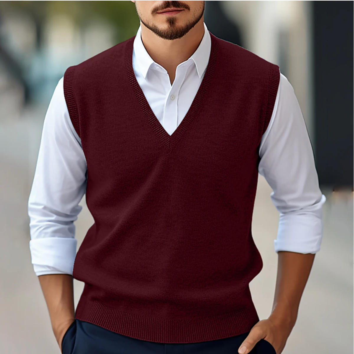 Mouwloze V-hals trui, zachte stof, modern design, veelzijdig voor casual of semi-formele outfits, vrouwelijk kledingstuk.