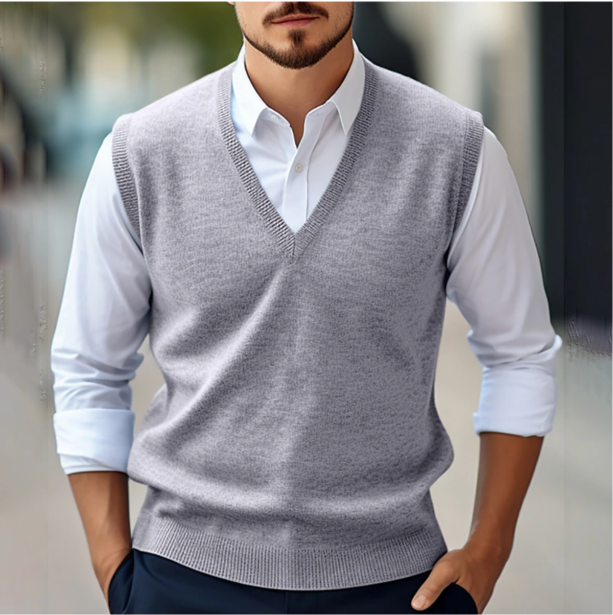 Mouwloze V-hals trui, zachte stof, modern design, veelzijdig voor casual of semi-formele outfits, vrouwelijk kledingstuk.
