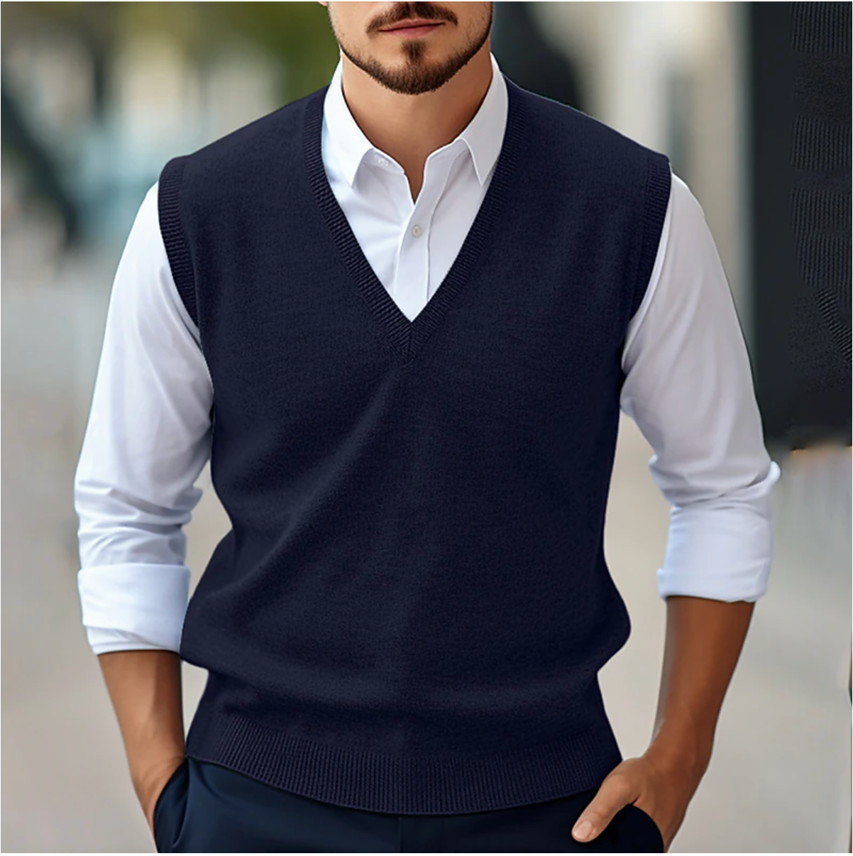 Mouwloze V-hals trui, zachte stof, modern design, veelzijdig voor casual of semi-formele outfits, vrouwelijk kledingstuk.
