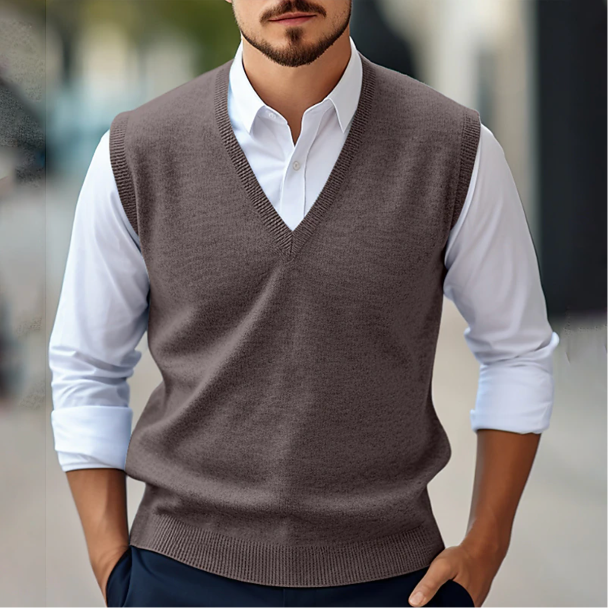 Mouwloze V-hals trui, zachte stof, modern design, veelzijdig voor casual of semi-formele outfits, vrouwelijk kledingstuk.