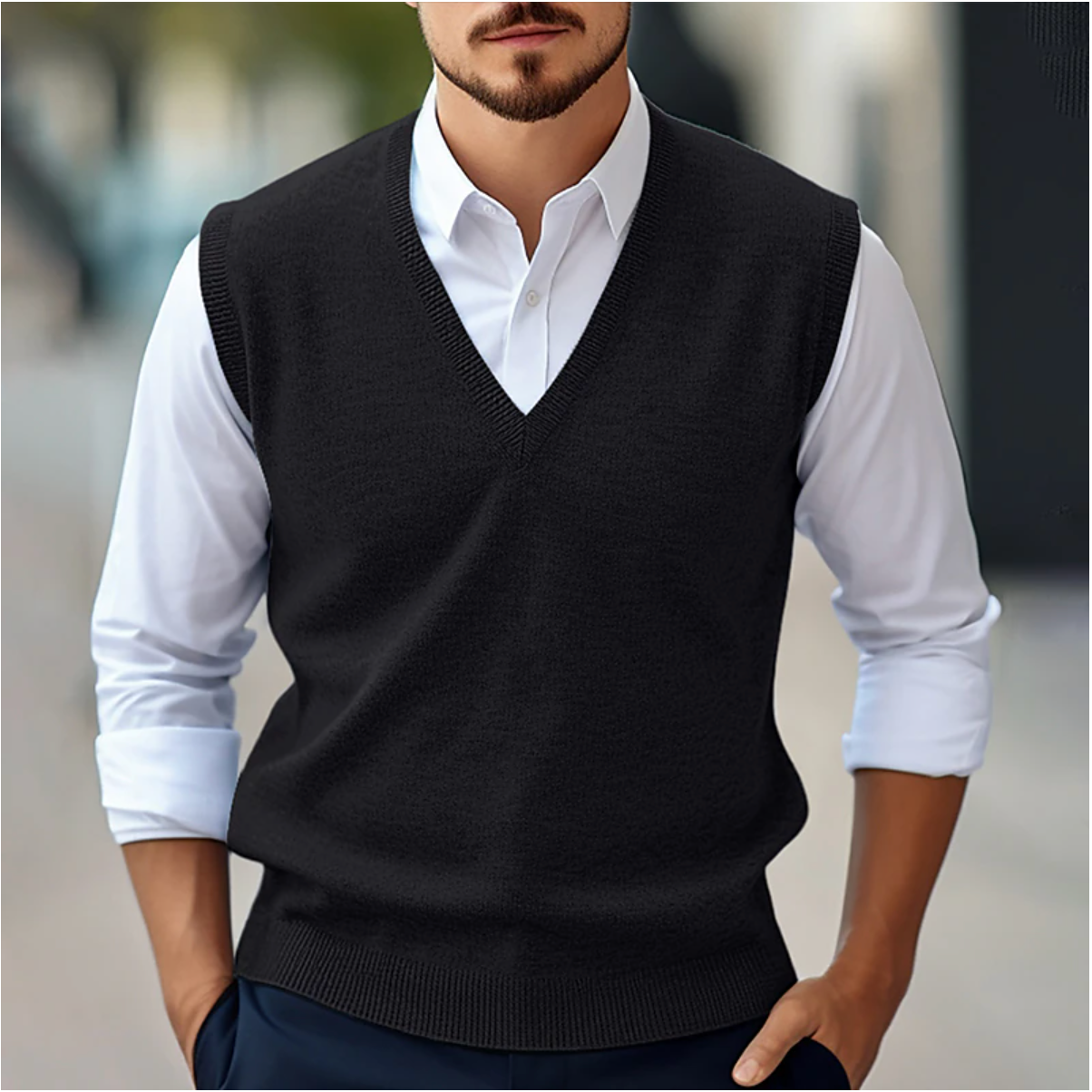 Mouwloze V-hals trui, zachte stof, modern design, veelzijdig voor casual of semi-formele outfits, vrouwelijk kledingstuk.