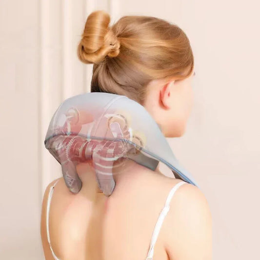"Multifunctioneel nekmassage apparaat met shiatsu en warmte, verlichting voor nek, schouders, rug, draadloos en draagbaar."
