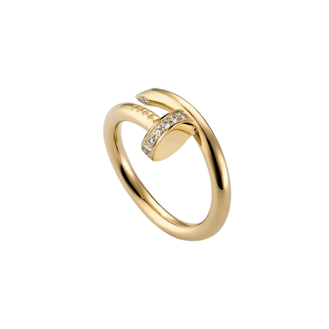 Dames spijkerring met glinsterende steentjes in modern design; verkrijgbaar in goud, zilver, roségoud.