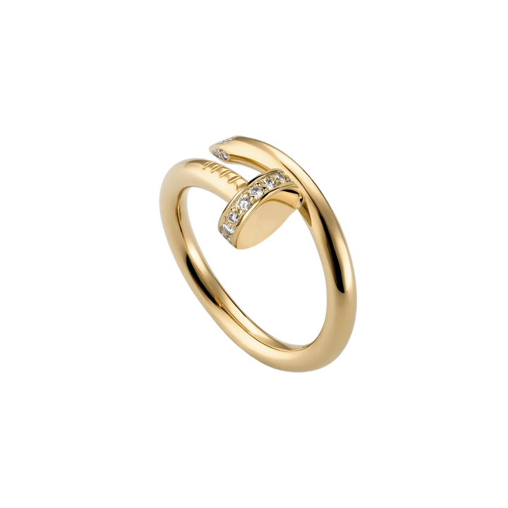 Dames spijkerring met glinsterende steentjes in modern design; verkrijgbaar in goud, zilver, roségoud.