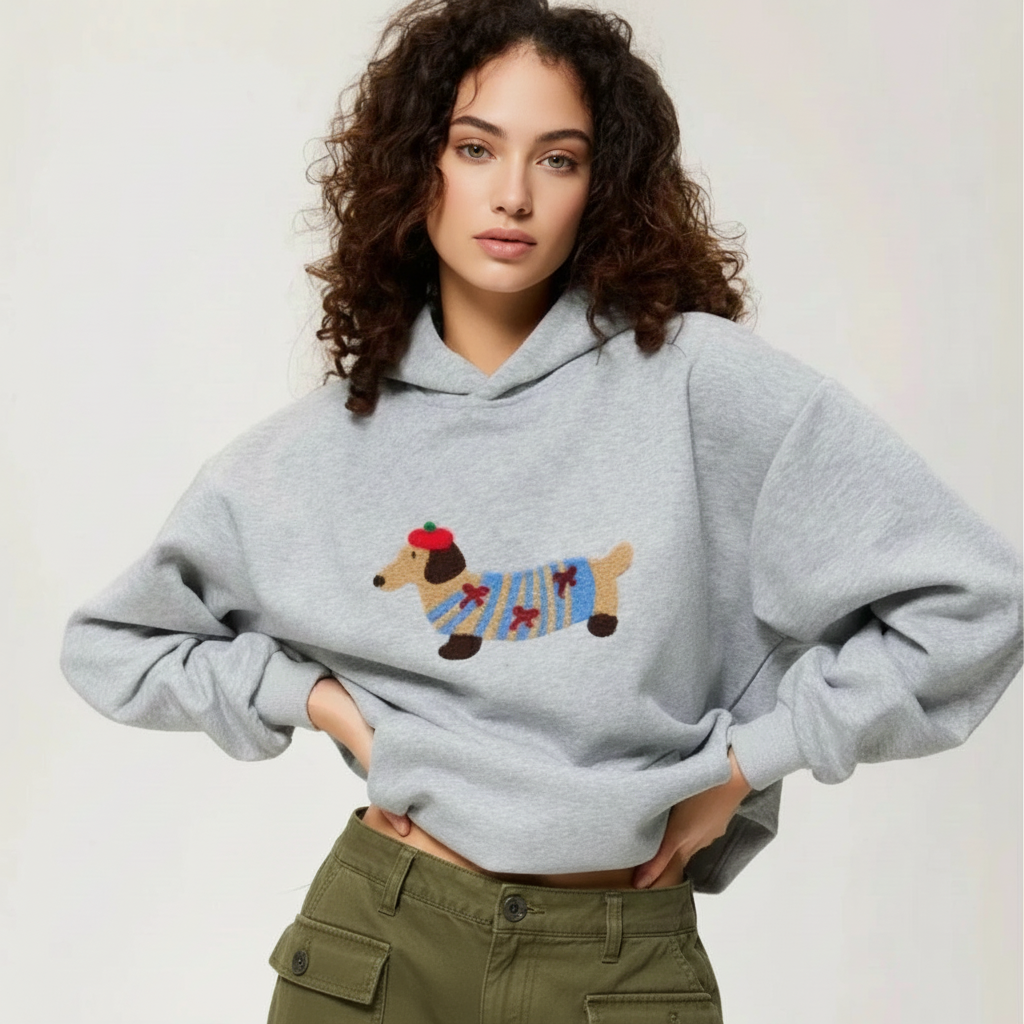 Comfortabele dames hoodie met schattig teckel design. Ideaal voor casual wintermode of vrije tijd.