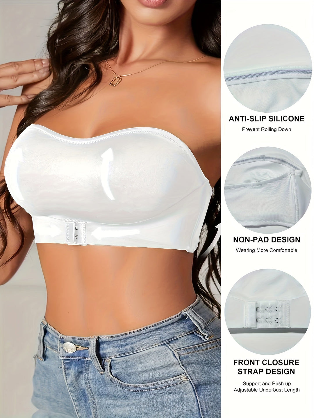 Detailopname van zacht, naadloos materiaal van de witte dames bandeau BH voor comfort.