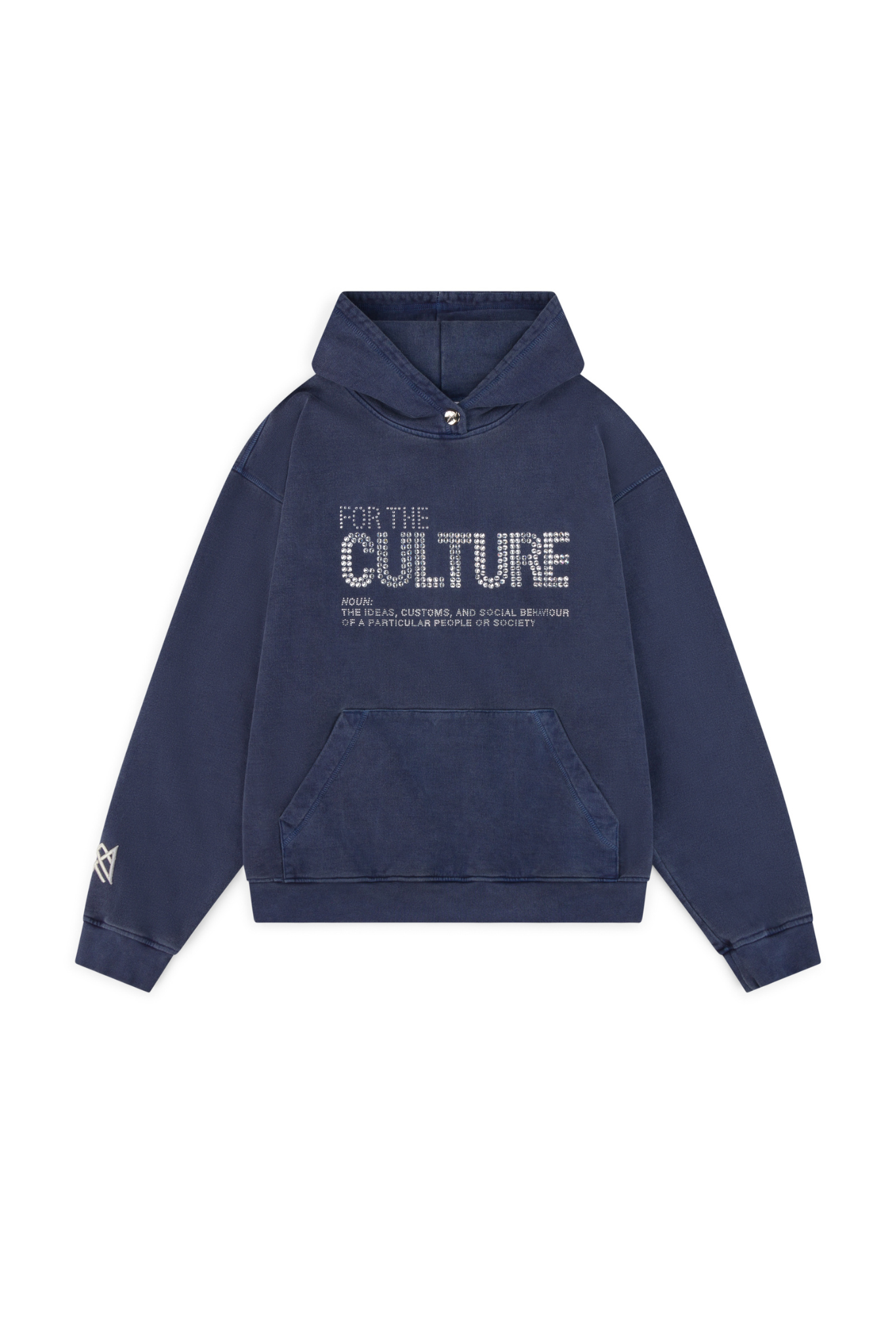 "Navyblauwe hoodie met kristallen details, stijlvolle streetwear luxe voor casual outfits, krachtige mode-uitstraling."