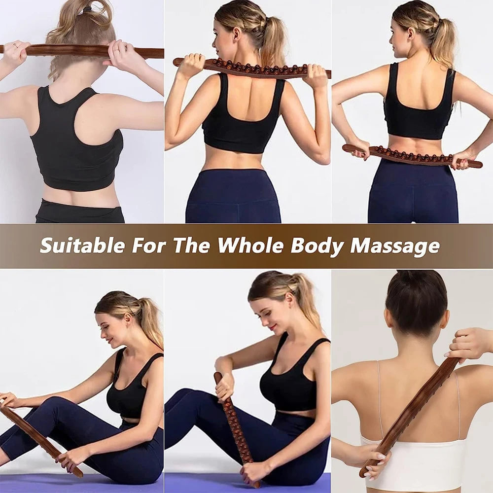 Ergonomische houten Gua Sha stick, ontworpen voor effectieve massage en bloedsomloopstimulatie.