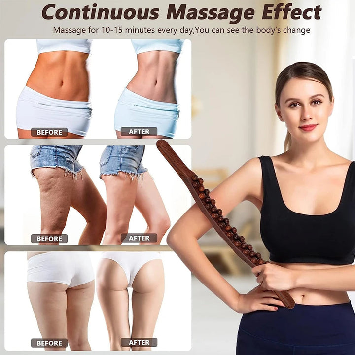 Natuurlijke houten massagestick voor spierontspanning, stressvermindering en verbeterd welzijn.