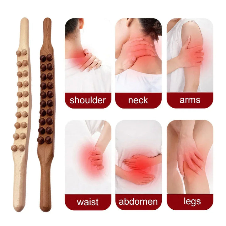 Houten Gua Sha massagestick in gebruik voor diepe weefselmassage en verlichting van spierpijn.